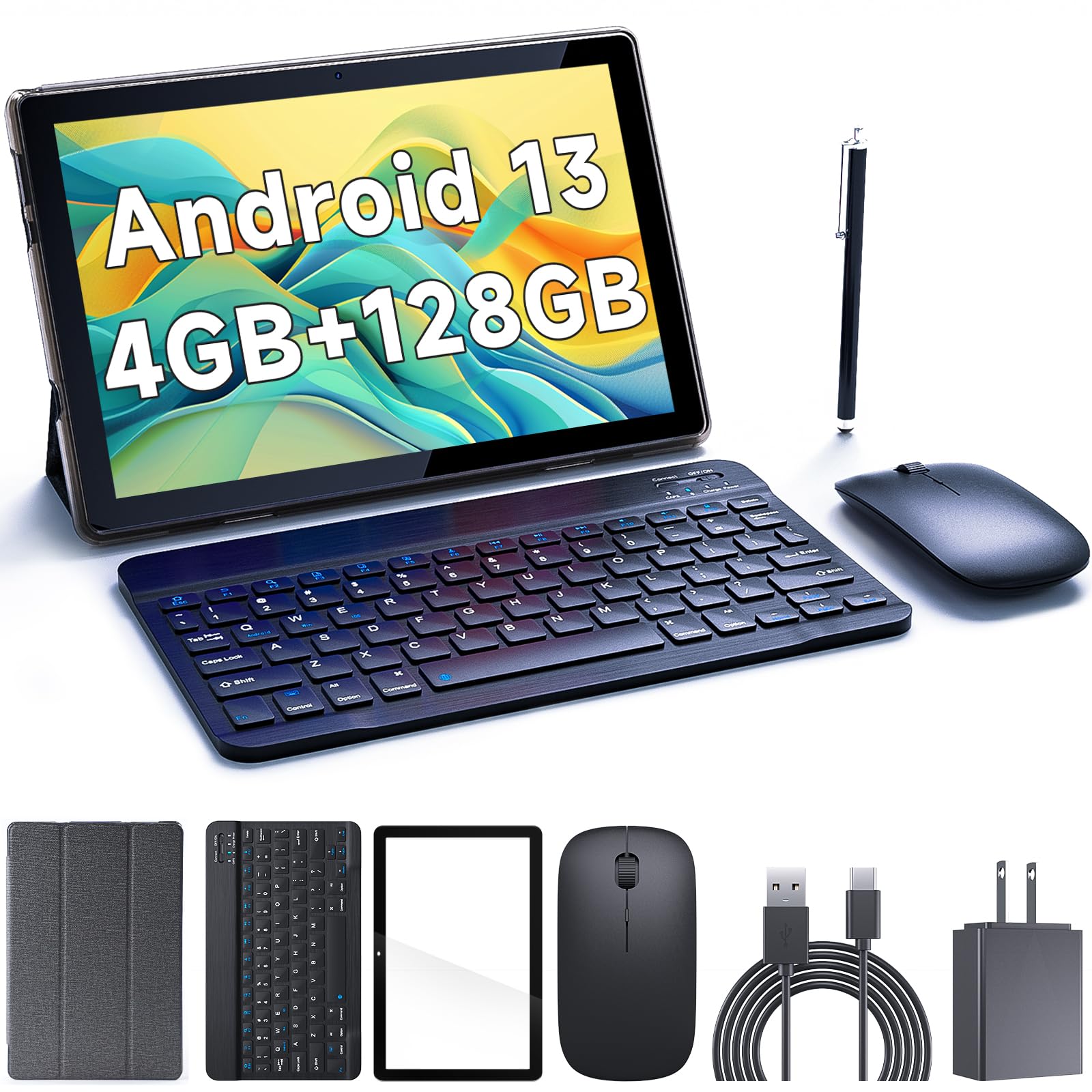 Tablet con teclado 10 pulgadas 2 en 1 Android 11 Tabletas, 4GB+64GB+512GB Expandir 1.8Ghz Quad Core Tablet Android 13 de 10 pulgadas, 4 GB de RAM 128 GB ROM 1 TB Expand, tableta 2 en 1 con teclado,