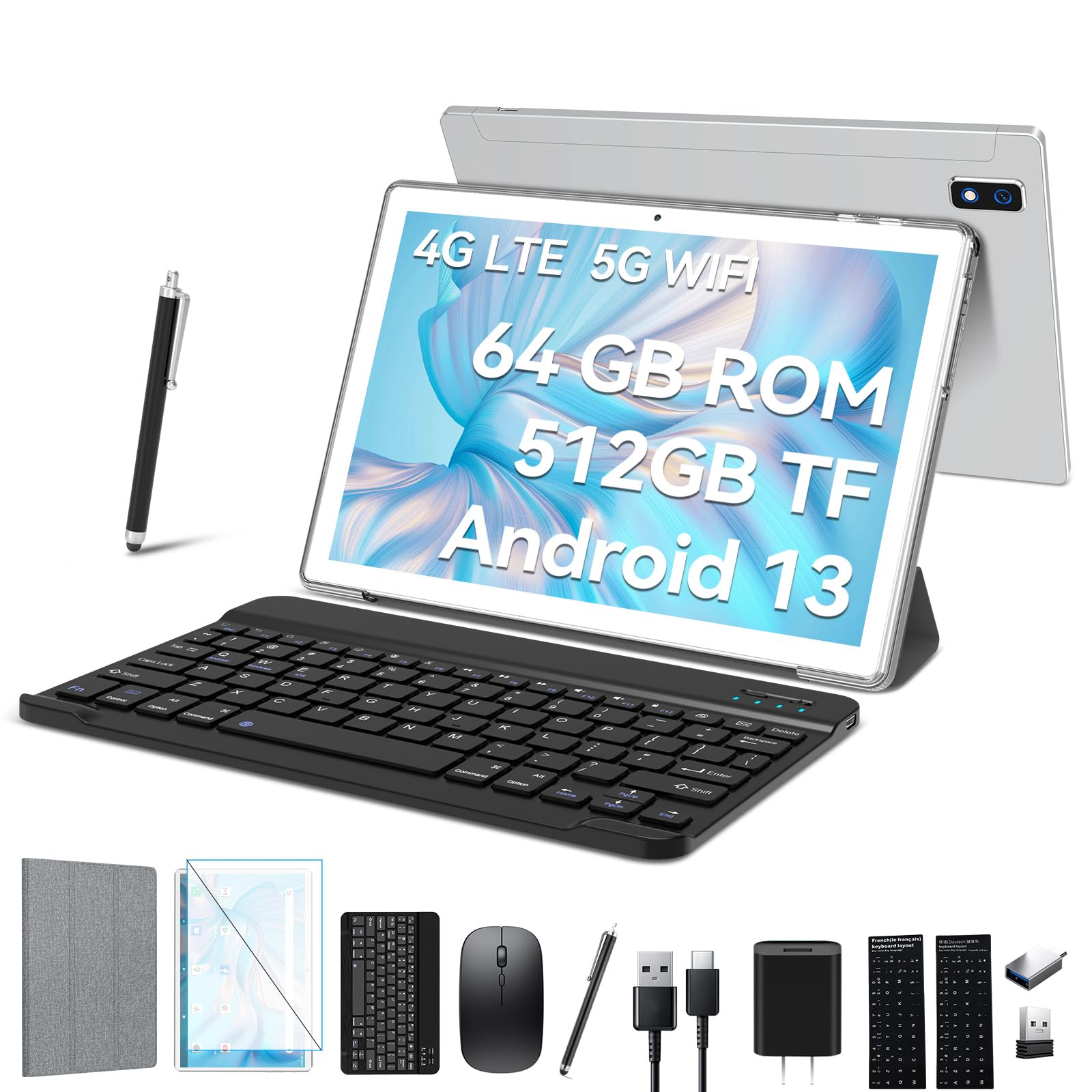 Tablet de 10 pulgadas 2 en 1 con teclado y mouse Tableta Android 13 2025 de 10.1 pulgadas, tabletas celulares 4G duales con 64 GB ROM+512 GB