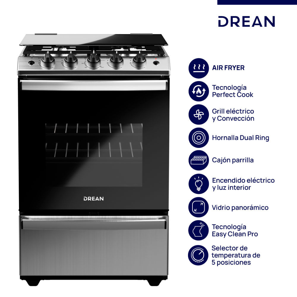 Cocina A Gas Drean 56cm Horno Multifunción Acero Inoxidable