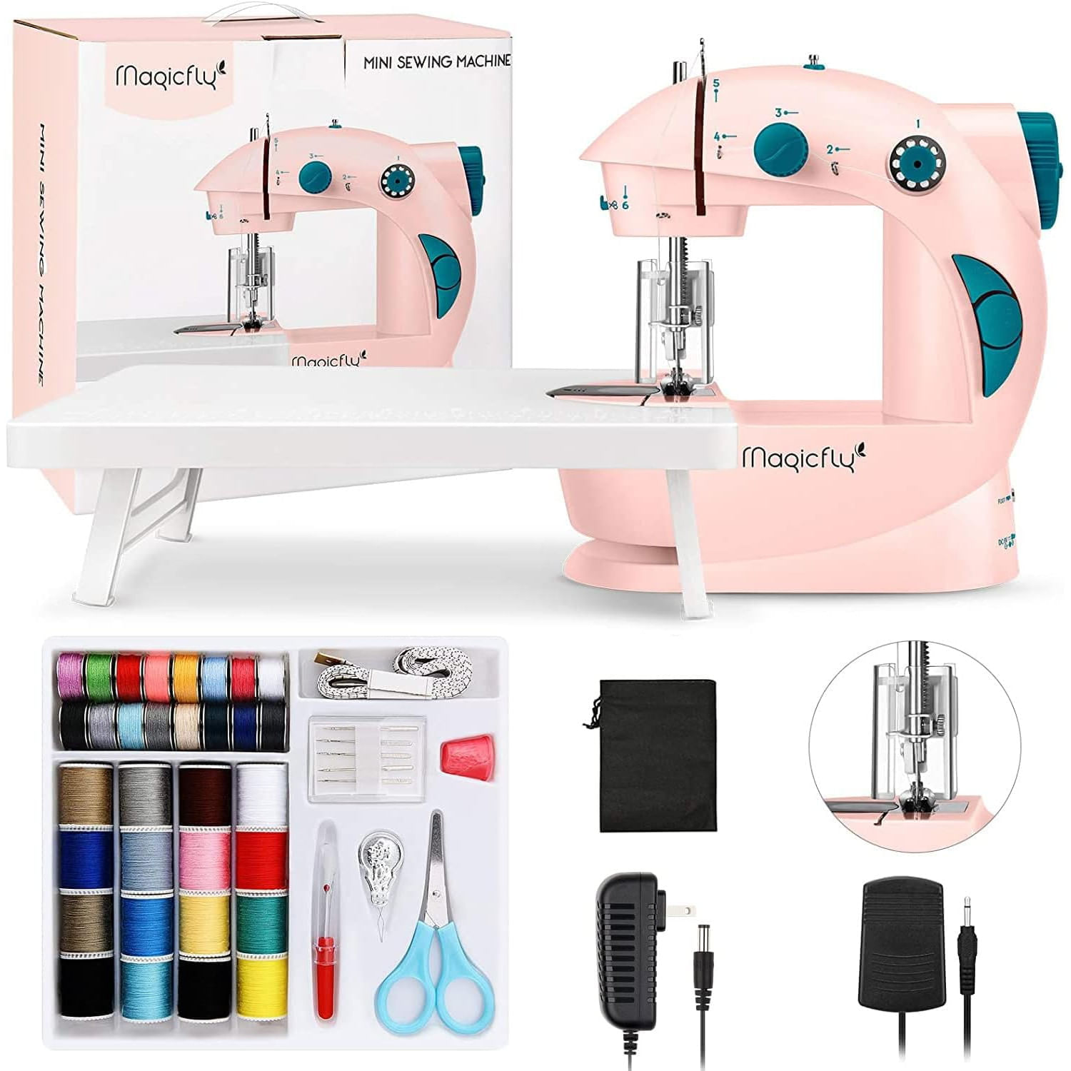 Máquina de Coser Magicfly Mini Portátil con Mesa Extensible Doble Velocidad para Principiantes con Luz Kit de Costura Uso Doméstico Rosa