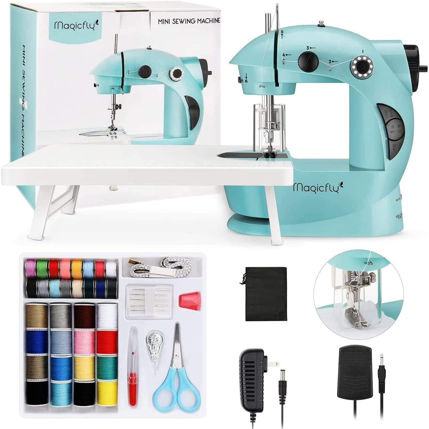 Maquina De Coser Portatil Magicfly Mf6033 Electrica Con Mesa De Extension Y Kit De Costura